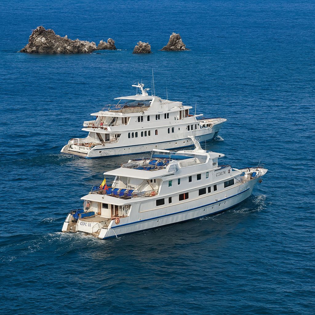 Luxury Coral I and Coral II yachts sailing through the Galapagos archipelago during dry and wet season cruises with Cruises to Galapagos Islands