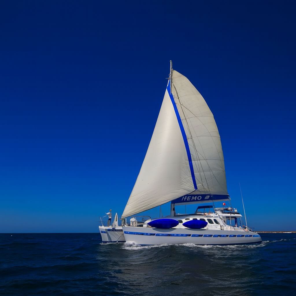 NEMO III Galapagos Cruise catamaran with full sails during an August expedition organized by Cruises to Galapagos Islands