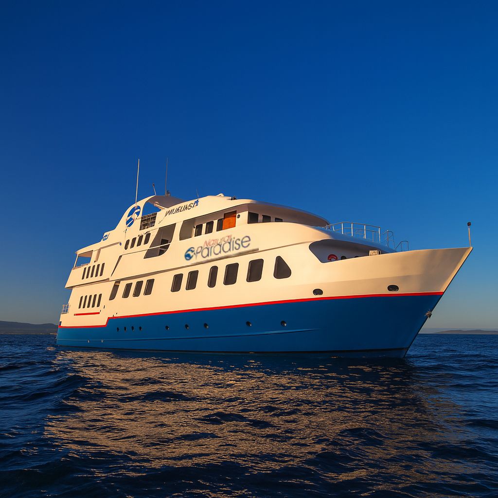 Natural Paradise Galapagos Cruise vessel on calm ocean waters during an August wildlife adventure with Cruises to Galapagos Islands
