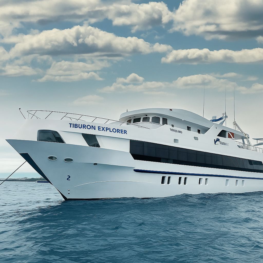 Tiburon Explorer luxury cruise sailing in the Galapagos Islands during a July wildlife expedition with Cruises to Galapagos Islands
