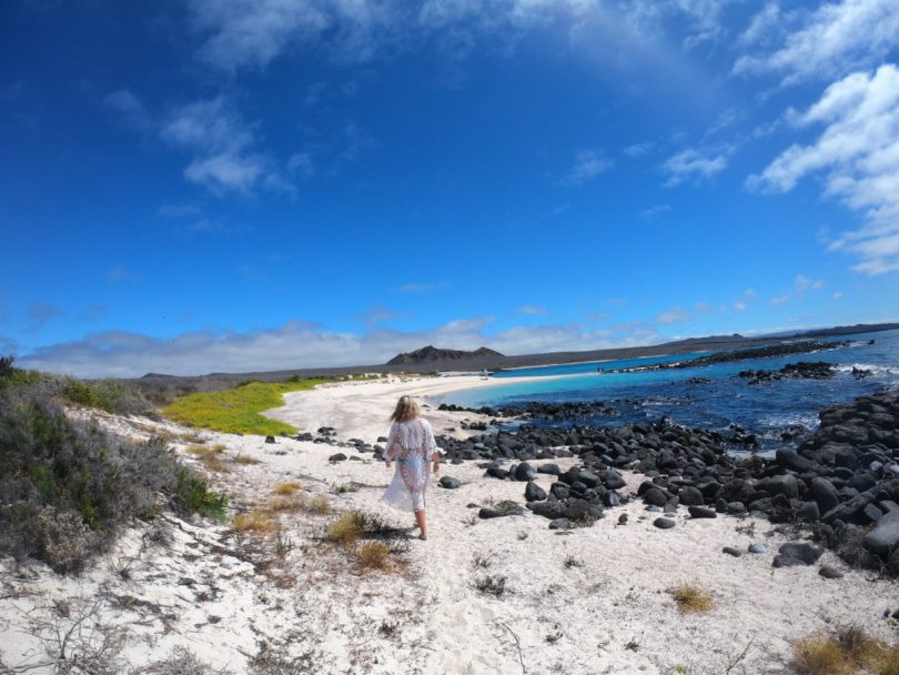 Tourist walking along a white-sand beach during a February Galapagos cruise excursion with Cruises to Galapagos Islands