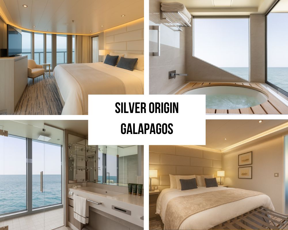 Luxury cabin on the Silver Origin featuring a king bed, private bathroom and views over the Galápagos waters during a cruise with our agency